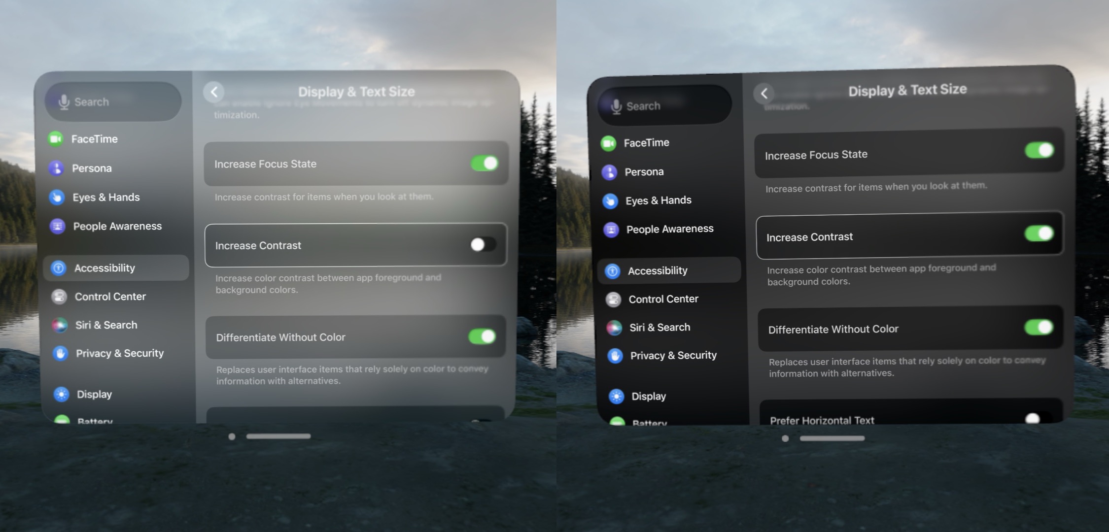 A comparison photo of the Display and Text Size settings with Increase Contrast enabled and disabled