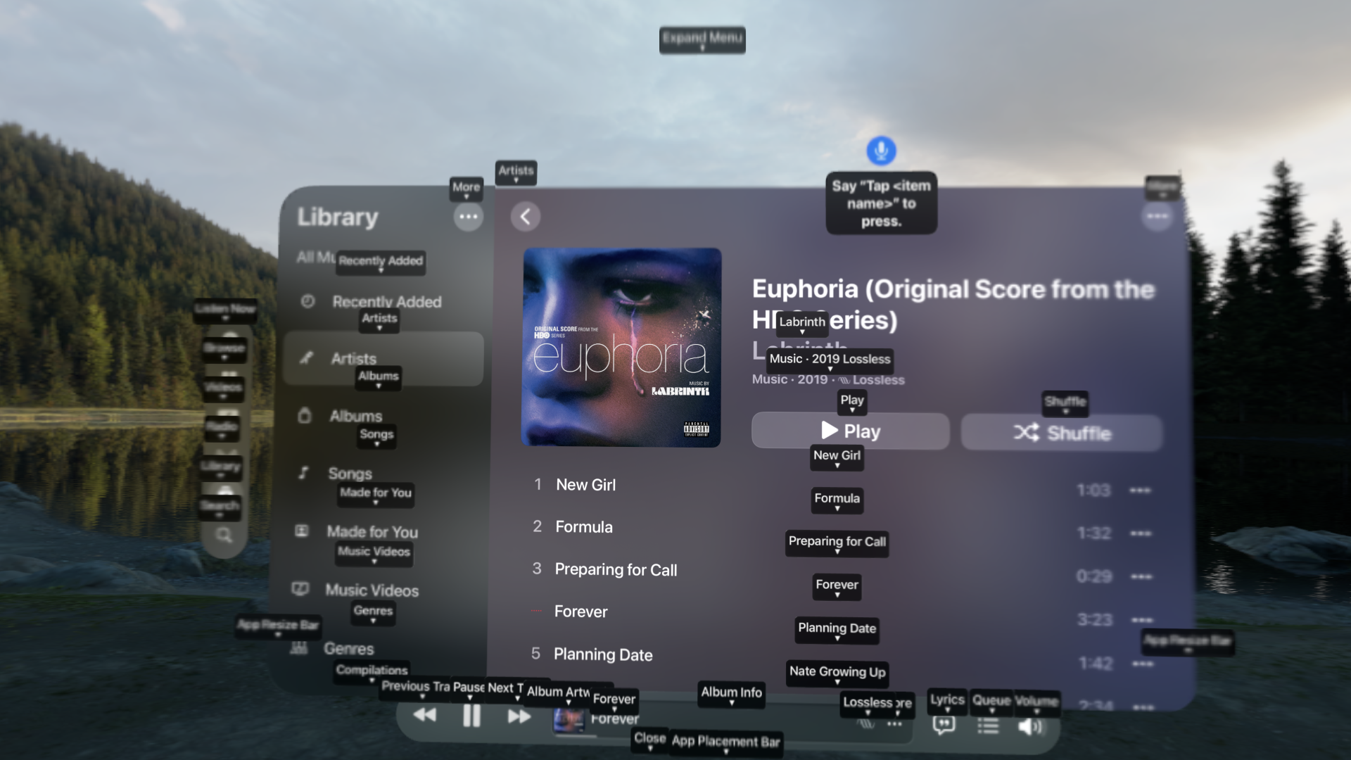 A screenshot of Apple Music after having said "Show Names". Popups appear on many UI elements calling out how you can refer to them by name.